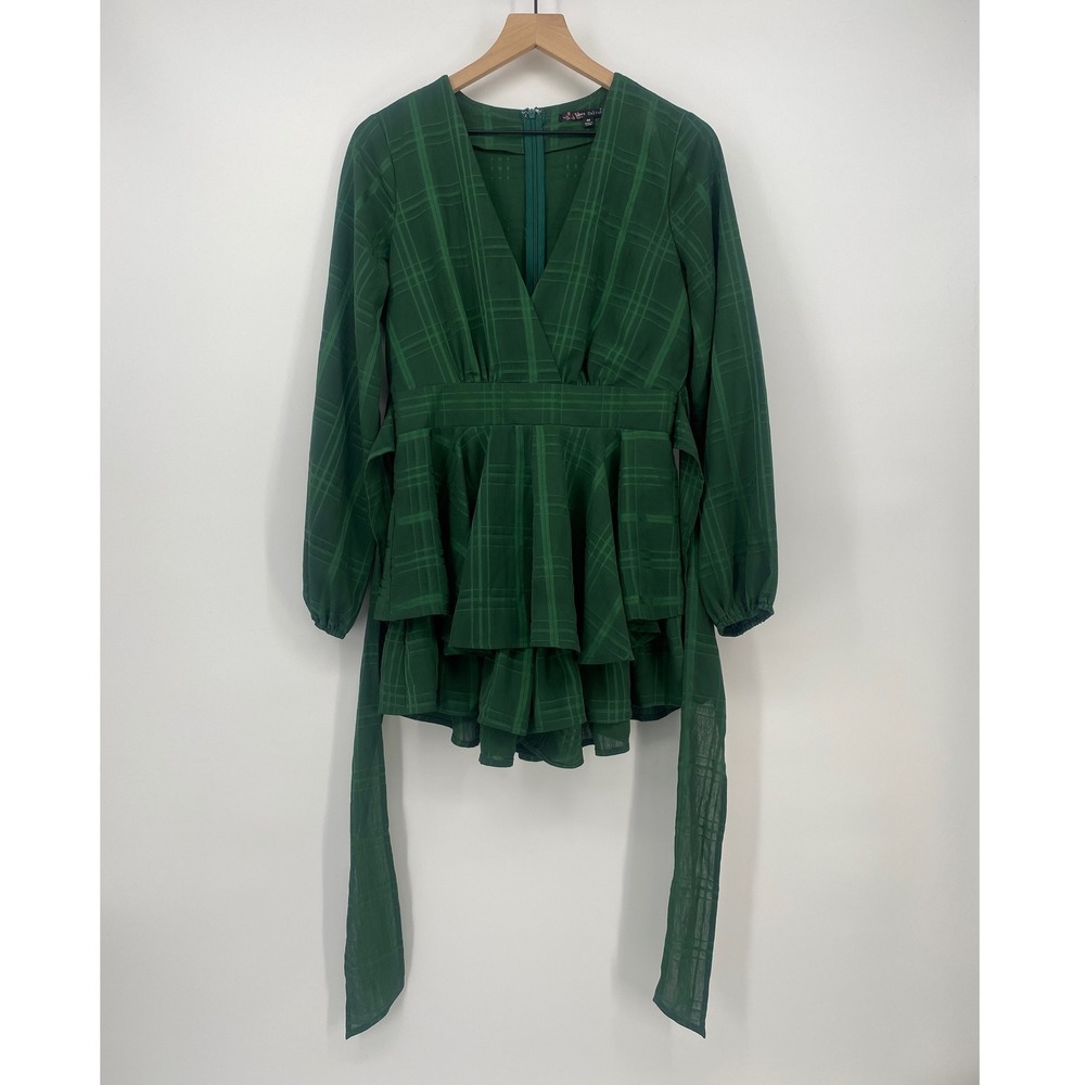 Love Culture Romper Medium Green Plaid Tiered Ruffle Long Sleeve Excellent
